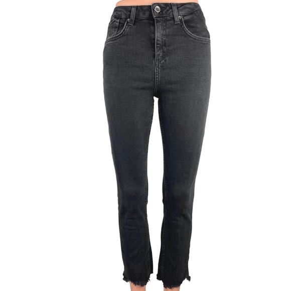Zara Black Washed Mid Rise Stretch Casual Cropped Skinny Denim Jeans Size 4 - Picture 1 of 5
